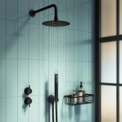 Arezzo Matt Black Concealed Individual Diverter + Thermostatic Control Valve with Handset + 200mm Shower Head
