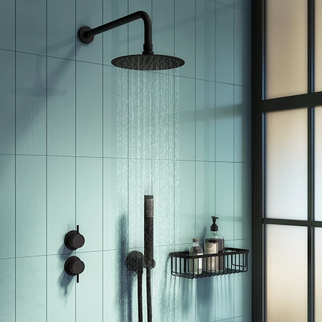 Arezzo Matt Black Concealed Individual Diverter + Thermostatic Control Valve with Handset + 200mm Shower Head 3 Arezzo Matt Black Concealed Individual Diverter + Thermostatic Control Valve with Handset + 200mm Shower Head