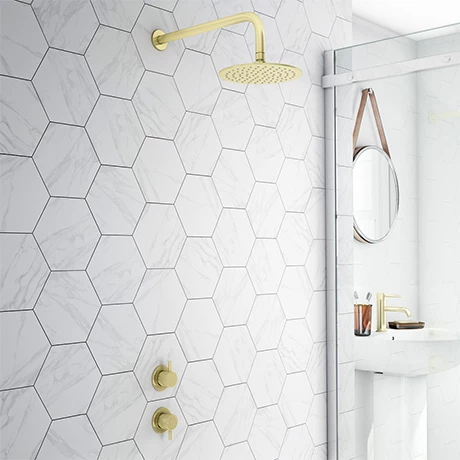 Arezzo Brushed Brass Concealed Individual Stop Tap + Thermostatic Control Valve with Wall Mounted Shower Head 3 Arezzo Brushed Brass Concealed Individual Stop Tap + Thermostatic Control Valve with Wall Mounted Shower Head