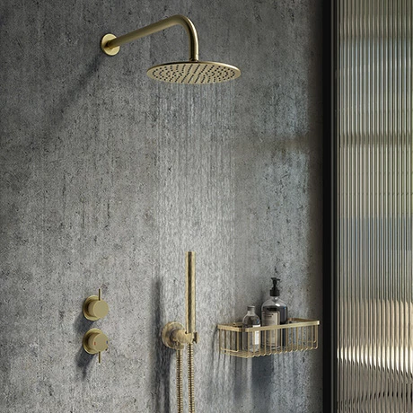 Arezzo Brushed Brass Concealed Individual Diverter + Thermostatic Control Valve with Handset + Wall Mounted Shower Head 3 Arezzo Brushed Brass Concealed Individual Diverter + Thermostatic Control Valve with Handset + Wall Mounted Shower Head