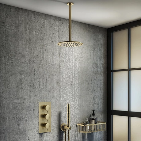 Arezzo Brushed Brass Round Thermostatic Shower Pack with Ceiling Mounted Head + Handset 3 Arezzo Brushed Brass Round Thermostatic Shower Pack with Ceiling Mounted Head + Handset