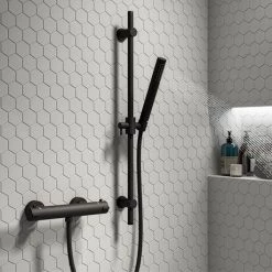 Arezzo Matt Black Round Bar Shower Valve incl. Slide Rail Kit with Pencil Handset