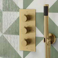 Arezzo Fluted Brushed Brass Round Thermostatic Shower Pack with Head + Handset -Shower Sets Shop AZFR2BBPK d4 460