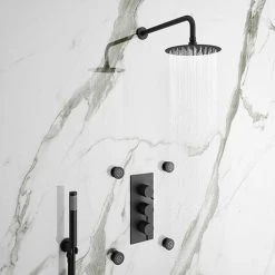 Arezzo Matt Black Round Concealed Triple Shower Valve with Diverter, Handset, Fixed Shower Head + 4 Body Jets