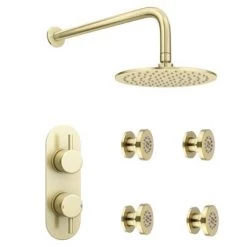 Arezzo Brushed Brass Round Shower System w. Diverter, Fixed Head + 4 Body Jets (Oval Backplate) -Shower Sets Shop AZRDSV4BJBBR d3 460