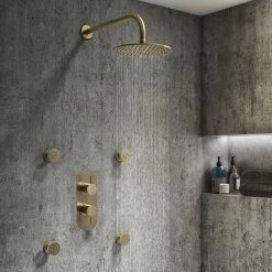 Arezzo Brushed Brass Round Shower System w. Diverter, Fixed Head + 4 Body Jets (Oval Backplate)
