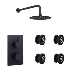Arezzo Matt Black Round Shower System with Diverter, Fixed Shower Head + 4 Body Jets -Shower Sets Shop AZRDSV4BJ n detail5 460