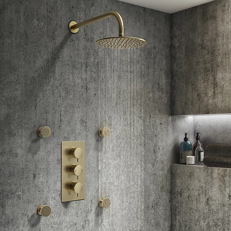 Arezzo Brushed Brass Round Concealed Triple Shower Valve with Fixed Head + 4 Body Jets 3 Arezzo Brushed Brass Round Concealed Triple Shower Valve with Fixed Head + 4 Body Jets