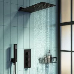 Arezzo Matt Black Square Triple Thermostatic Shower Pack w. Flat Fixed Head + Handset