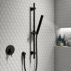 Arezzo Matt Black Round Shower Valve inc. Slide Rail Kit with Pencil Handset