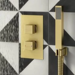 Arezzo Brushed Brass Square Shower System (Twin Valve with Diverter, Wall Mounted Head + Handset) 11 Arezzo Brushed Brass Square Shower System (Twin Valve with Diverter, Wall Mounted Head + Handset) -Shower Sets Shop AZSQBBSP5 detail03 460