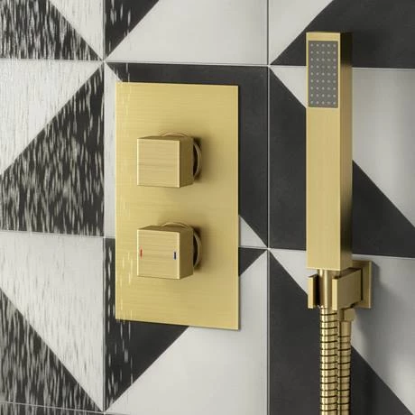 Arezzo Brushed Brass Square Shower System (Twin Valve with Diverter, Wall Mounted Head + Handset) 6 Arezzo Brushed Brass Square Shower System (Twin Valve with Diverter, Wall Mounted Head + Handset) - Image 4
