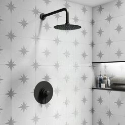 Arezzo Matt Black Round Concealed Dual Thermostatic Valve w. 200mm Shower Head