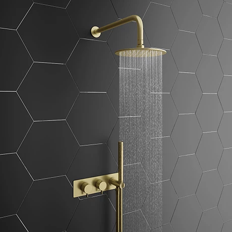 Arezzo Brushed Brass Round Shower System (Fixed Head, Handset + Integrated Parking Bracket) 3 Arezzo Brushed Brass Round Shower System (Fixed Head, Handset + Integrated Parking Bracket)