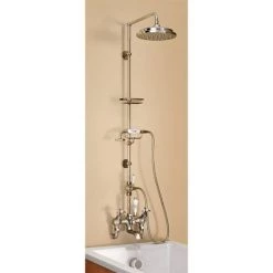 Burlington Claremont Wall Mounted Angled Bath Shower Mixer w Riser, 9" Rose & Soap Basket
