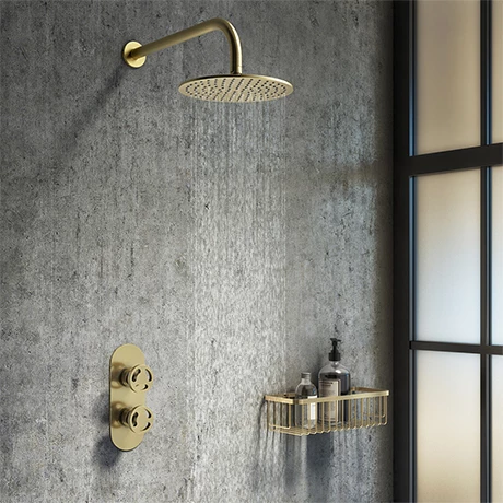 Arezzo Brushed Brass Industrial Style Shower System with Concealed Valve + Head 3 Arezzo Brushed Brass Industrial Style Shower System with Concealed Valve + Head