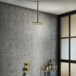 Arezzo Brushed Brass Industrial Style Shower System with Concealed Valve + Ceiling Mounted Head