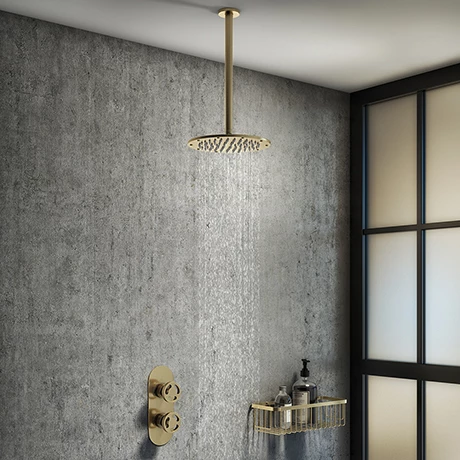 Arezzo Brushed Brass Industrial Style Shower System with Concealed Valve + Ceiling Mounted Head 3 Arezzo Brushed Brass Industrial Style Shower System with Concealed Valve + Ceiling Mounted Head