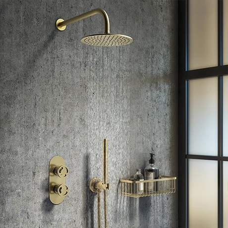 Arezzo Brushed Brass Industrial Style Shower System with Concealed Valve, Head + Handset 3 Arezzo Brushed Brass Industrial Style Shower System with Concealed Valve, Head + Handset