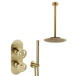 Arezzo Brushed Brass Industrial Style Shower System with Concealed Valve, Handset + Ceiling Mounted Head -Shower Sets Shop IS5BBPK d4 460