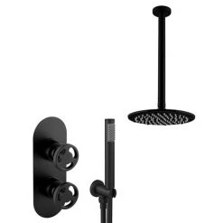 Arezzo Matt Black Industrial Style Shower System with Valve, Handset + Ceiling Mounted Head -Shower Sets Shop IS5MBPK d4 460
