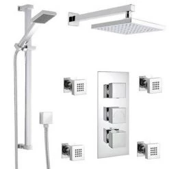 Milan Square Triple Shower Package with Diverter Valve, Head, 4 Body Jets + Slider 10 Milan Square Triple Shower Package with Diverter Valve, Head, 4 Body Jets + Slider -Shower Sets Shop Milan Square Triple Shower Package MILSQSVBJSL d1 460