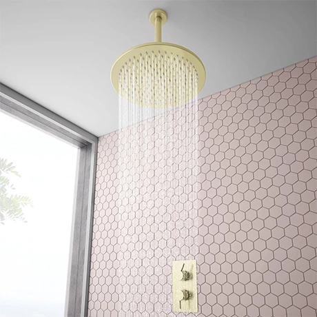 Arezzo Brushed Brass Twin Concealed Shower Valve inc. 300mm Head + 200mm Ceiling Mounted Arm 3 Arezzo Brushed Brass Twin Concealed Shower Valve inc. 300mm Head + 200mm Ceiling Mounted Arm