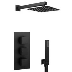 Arezzo Matt Black Square Triple Thermostatic Shower Pack with Head + Handset -Shower Sets Shop SQ3BLKPK nw d2 460