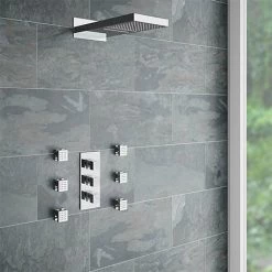 Milan Square Triple Valve with Diverter, Fixed Water Blade Shower Head + 6 Body Jets