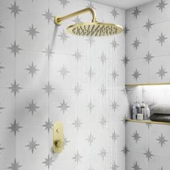 Arezzo Brushed Brass Round Push-Button Shower with 300mm Rainfall Shower Head